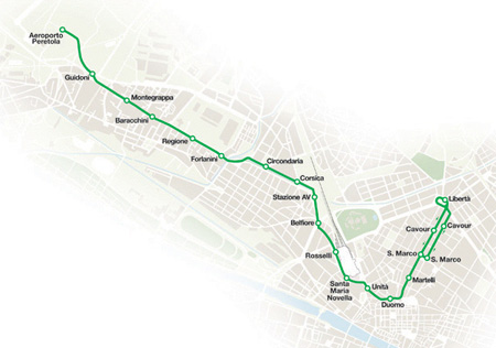 Mapa nova linha 2 da tramvia Firenze em construção